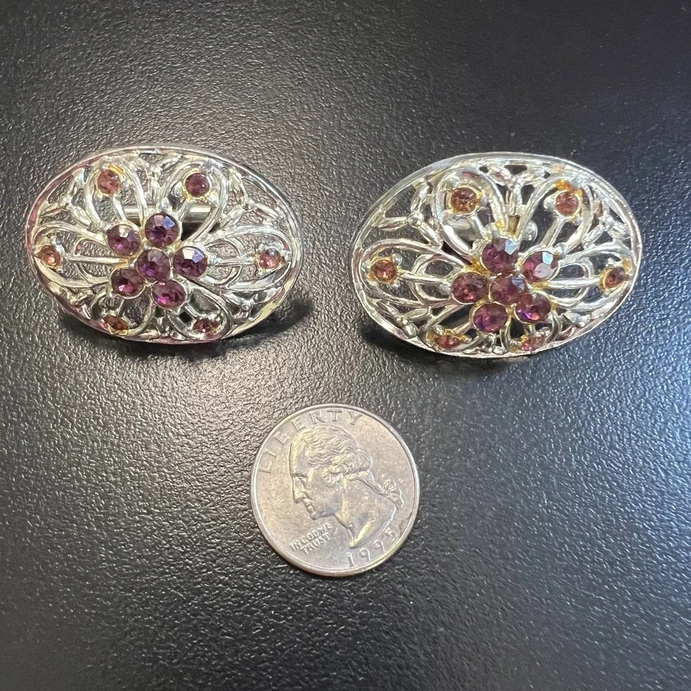 Vintage Silver Filigree Cufflinks Purple and Amber Rhinestones Oval Statement